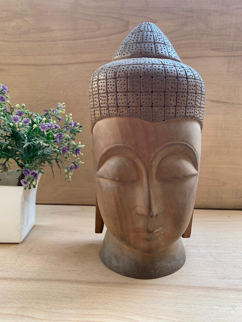 Buddha Head Wooden | Hand Carved | Fine Carving | Home Decor | Buddha head Idol - KhatiJi
