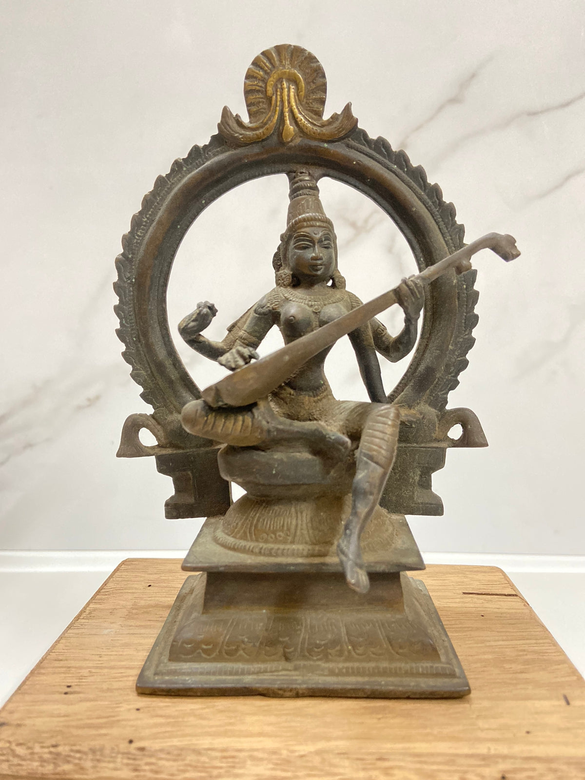 Old Bronze Seated Goddess Saraswati Playing Veena or Sitaar