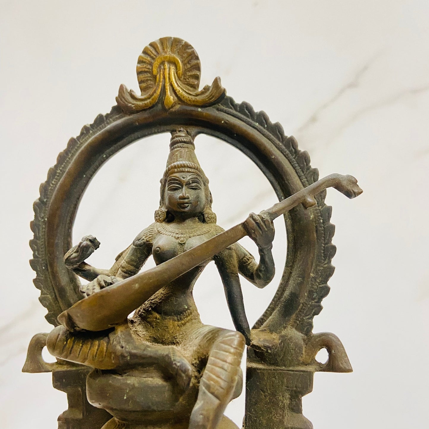 Old Bronze Seated Goddess Saraswati Playing Veena or Sitaar