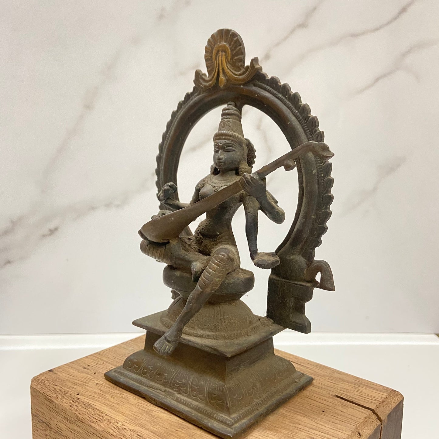Old Bronze Seated Goddess Saraswati Playing Veena or Sitaar