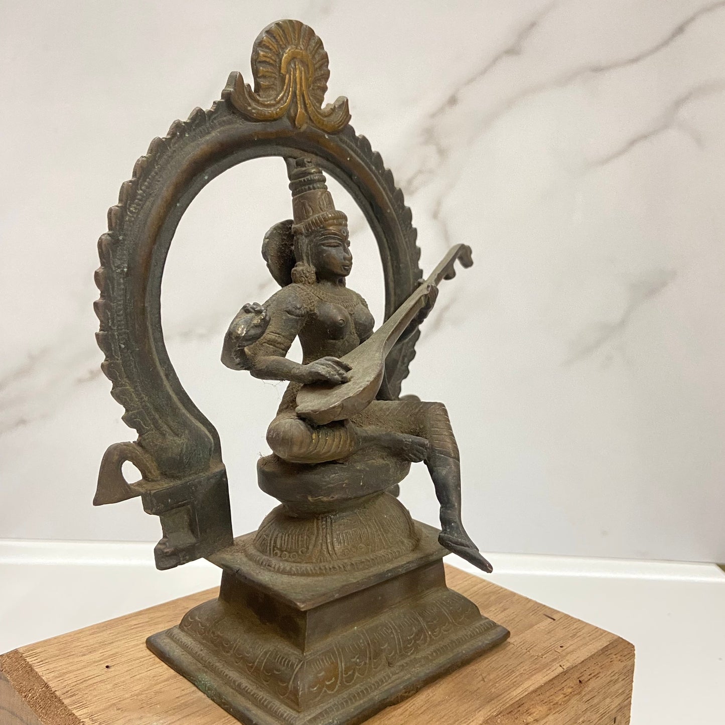 Old Bronze Seated Goddess Saraswati Playing Veena or Sitaar