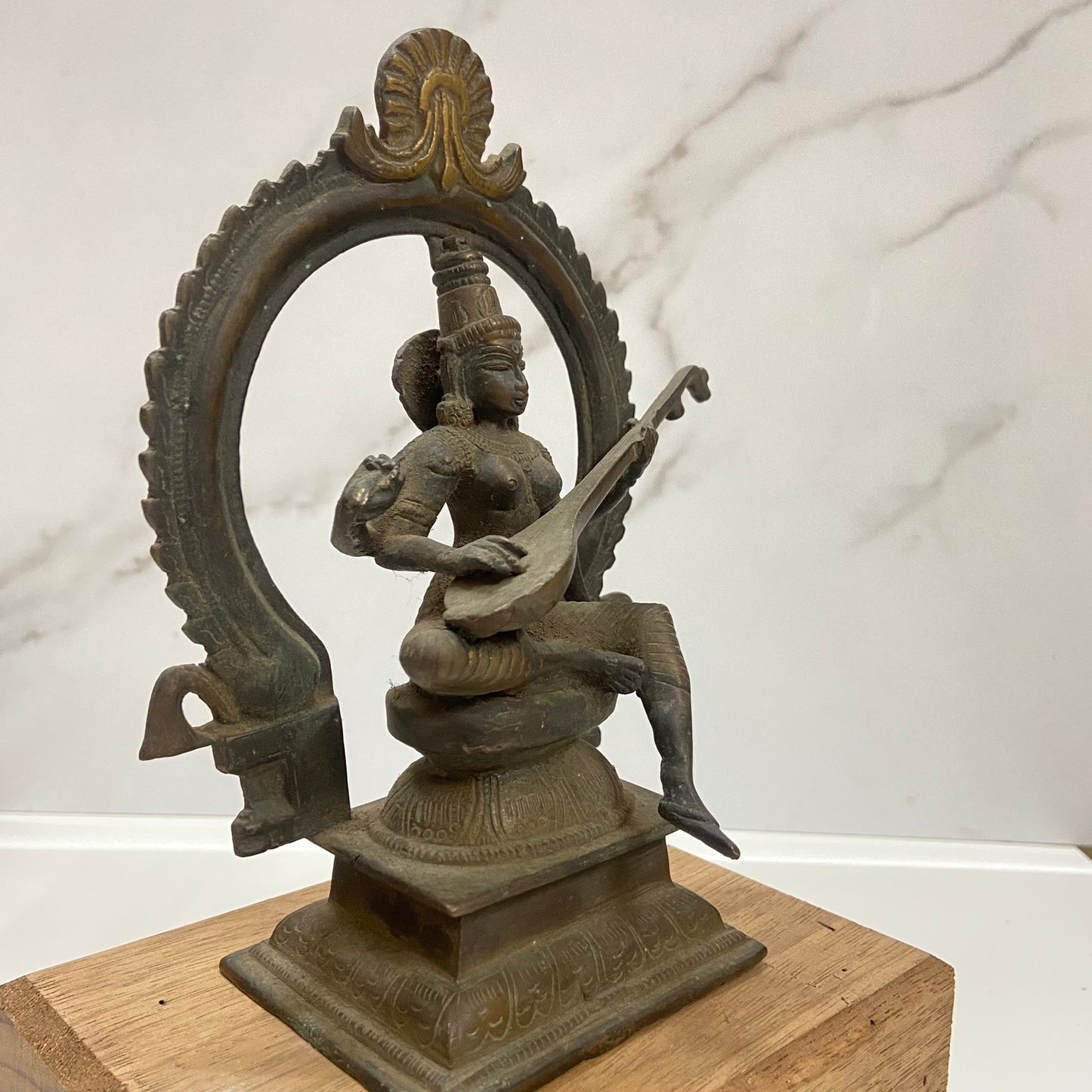 Old Bronze Seated Goddess Saraswati Playing Veena or Sitaar