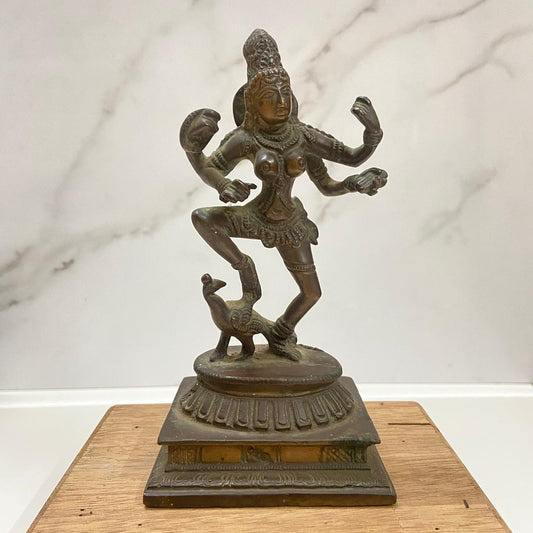 Old Bronze Goddess Saraswati Dancing on a Peacock